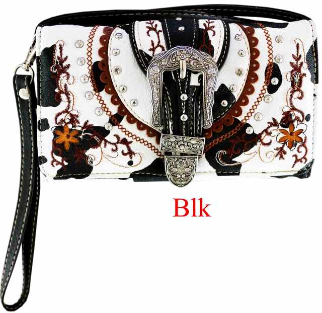 Wholesale Western Style Rhinestone BUCKLE Cow Print Wallet Purse