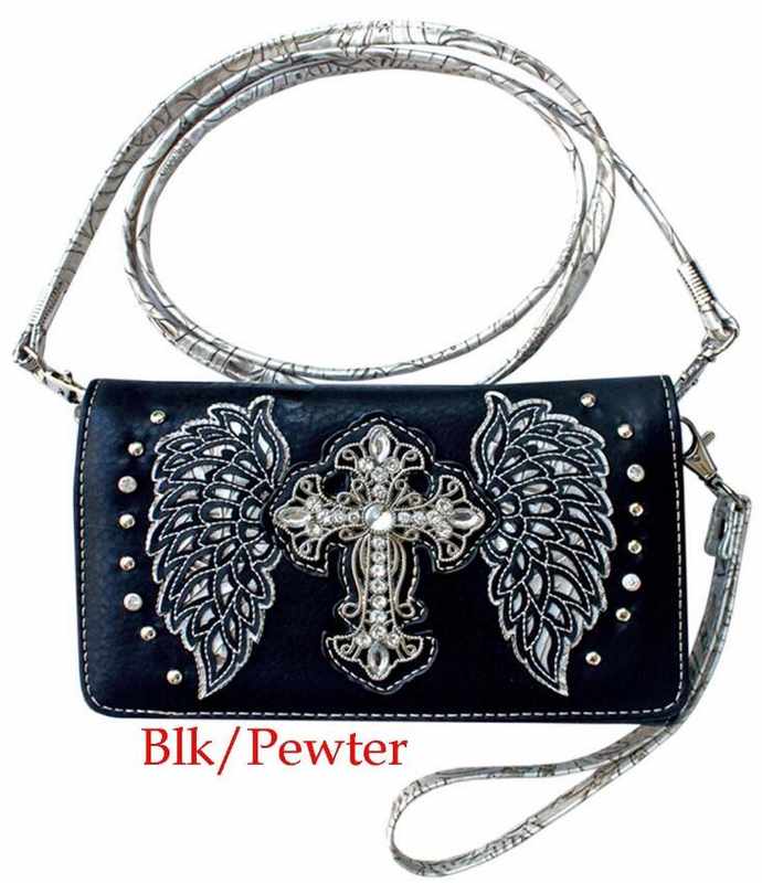 Wholesale Rhinestone Western Wallet Purse Cross with Wing