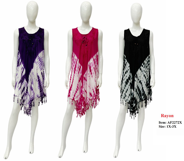 Wholesale Rayon Tie Dye Embroidered with Fringed UMBRELLA Dress