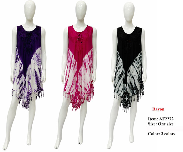 Wholesale Rayon TIE DYE Embroidered with Fringed Umbrella Dress