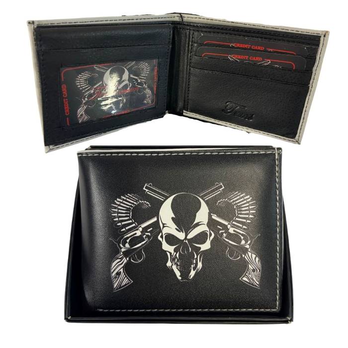 Man Bi-Fold Faux LEATHER Wallet Skull, Bullet and Duble Gun