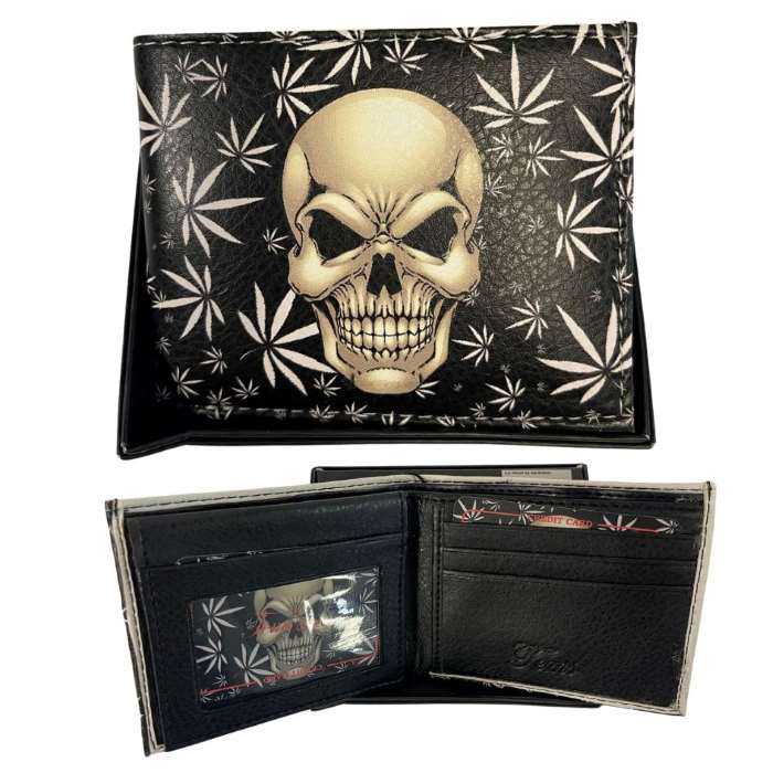 Wholesale Man Bi-Fold Faux Leather Wallet SKULL and Marijuana