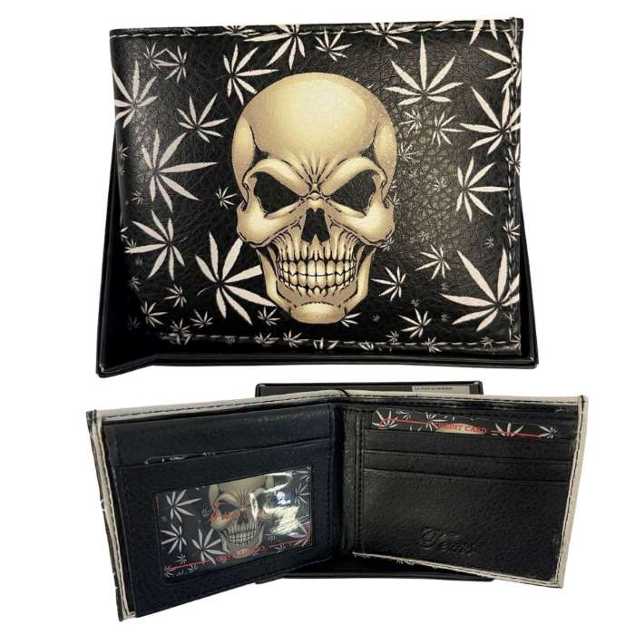 Wholesale Man Bi-Fold Faux Leather WALLET Skull and Marijuana