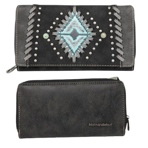 Montana West Aztec Embosses COLLECTION Western Wallet Black