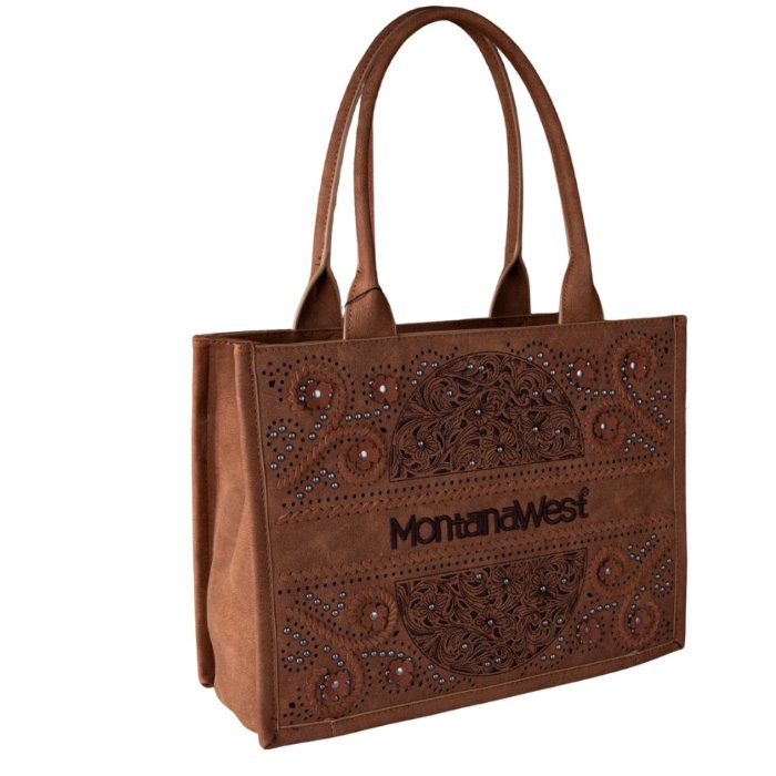 Wholesale Montana West Stunned Embossed Floral Tote - BROWN