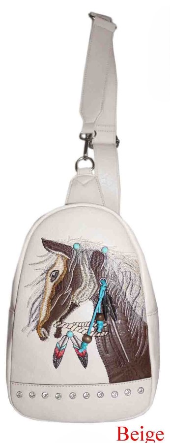 Wholesale Rhinestone Horse Embroidery Design Crossbody Beige