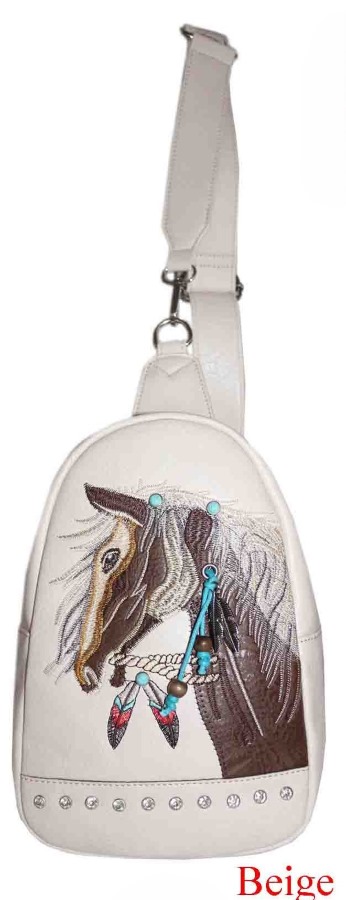 Wholesale RHINESTONE Horse Embroidery Design Crossbody Beige