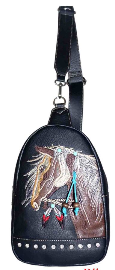 Wholesale Rhinestone Horse Embroidery Design Crossbody Black