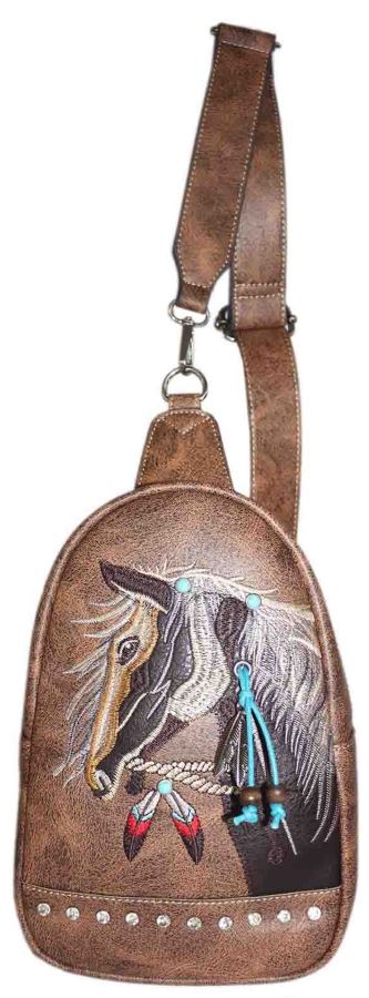 Wholesale Rhinestone Horse Embroidery Design Crossbody Brown