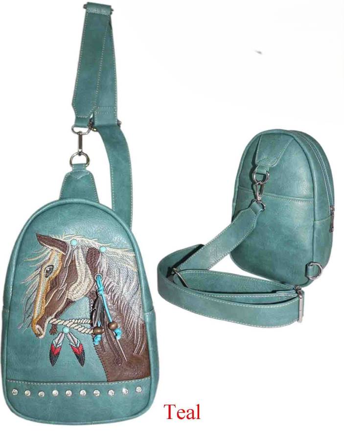 Wholesale RHINESTONE Horse Embroidery Design Crossbody Teal