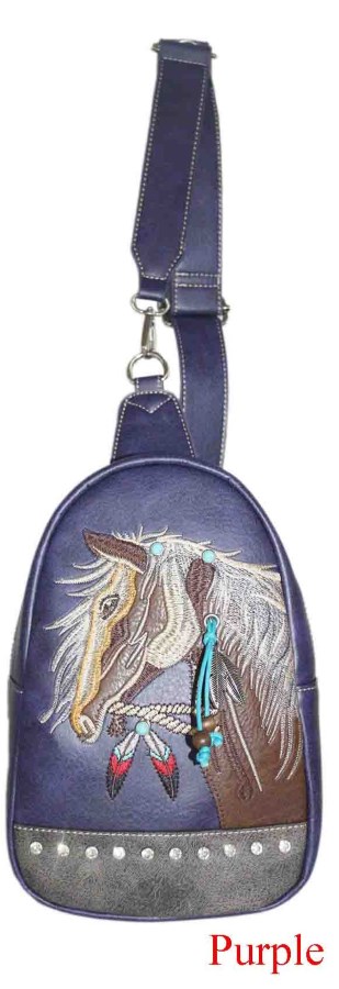 Wholesale Rhinestone Horse Embroidery Design Crossbody Purple
