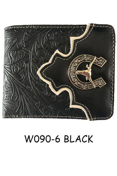 Wholesale Embossed FLOWER Pattern Bifold Longhorn Black Wallet