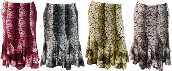 Wholesale Long Skirt Ruffle Bottom Crackle Print Assorted Colors