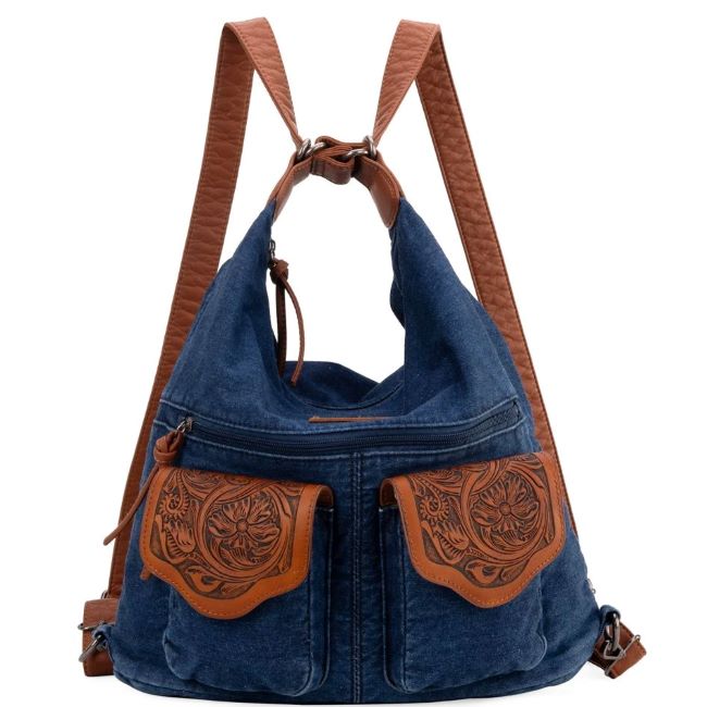 Wrangler Floral Tooled DENIM Hobo/Crossbody Backpack Convertible