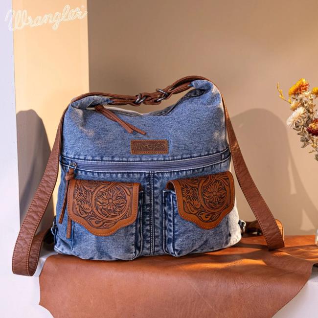 Wrangler Floral Tooled DENIM Hobo/Crossbody Backpack Convertible