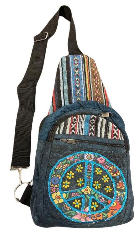 Wholesale Cotton FLOWER Peace Sign Multi Pocket Crossbody Bag