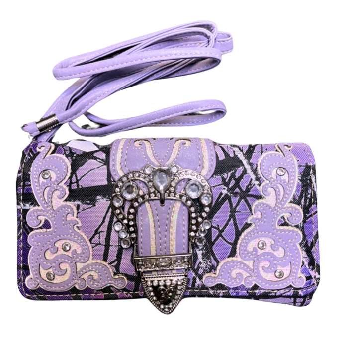 Wholesale Lavender Camo Wallet Purse with crossbody STRAP