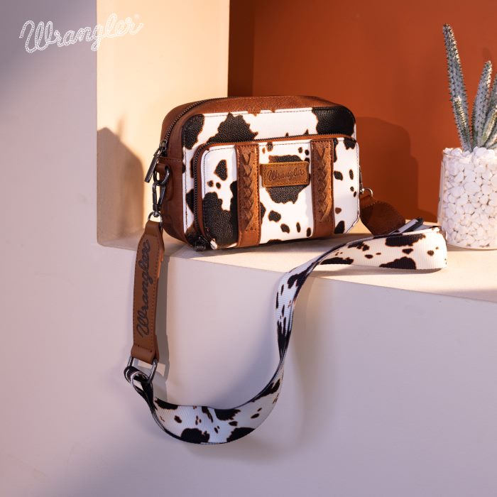 Wrangler Cow Print Crossbody Purse With Wallet Compartment BROWN