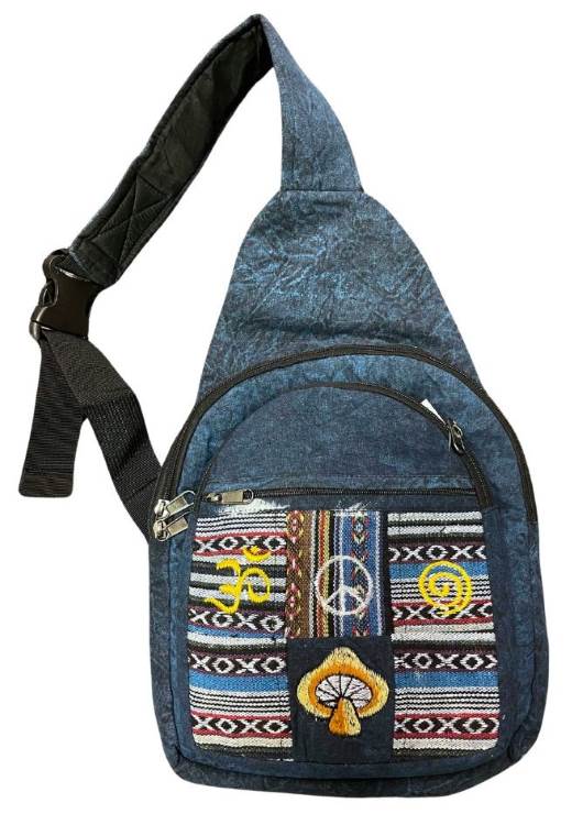 Wholesale COTTON Patchwork Mushroom Peacesign Crossbody Bag