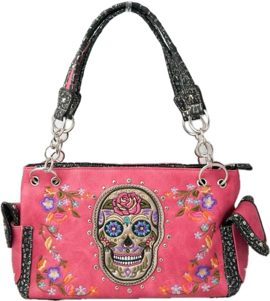 Wholesale Hot Pinkl Sugar Skull SATCHEL Purse with Gun Pocket