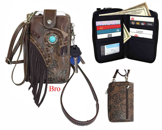 Wholesale Phone Wallet PURSE Long Strap with Fringes Brown