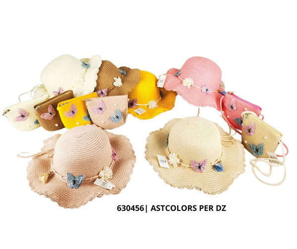 kids Straw Sun Hat and PURSE A Set with Butterfly and Flower