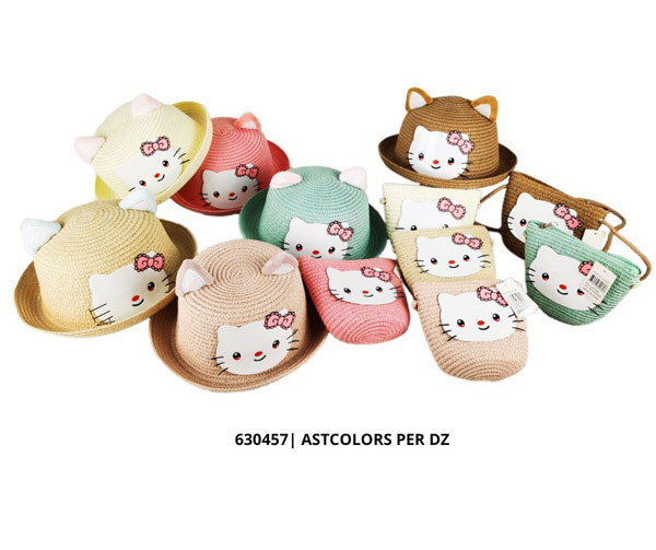 Wholesale kids STRAW Sun HAT and Purse A Set with Kitty Design