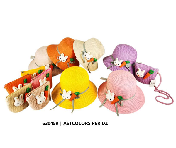 Wholesale kids Straw Sun HAT and Purse A Set with Bunny and Carro