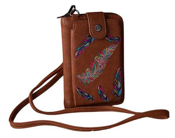 Montana West Embroidered Feather Crossbody Phone WALLET Brown