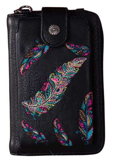 Montana West Embroidered Feather Crossbody Phone WALLET Black