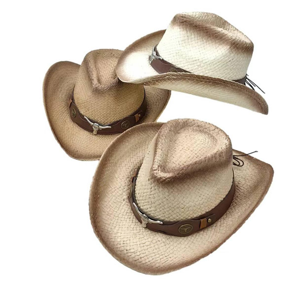 Wholesale Woven COWBOY HAT with Metal Long Horn Design