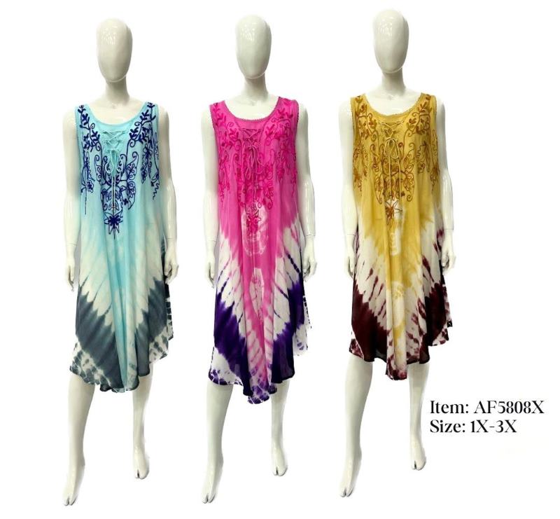 Wholesale Plus Rayon Dress Tie Dye Embroiled Dress