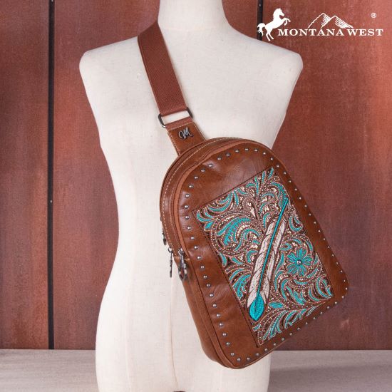 Montana West Embroidery Feathers Crossbody Bag BROWN