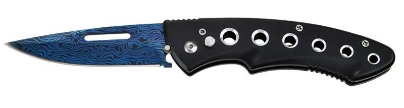 8'' Black Auto Blade Knife Blue Damascus Etch SWITCHBLADE