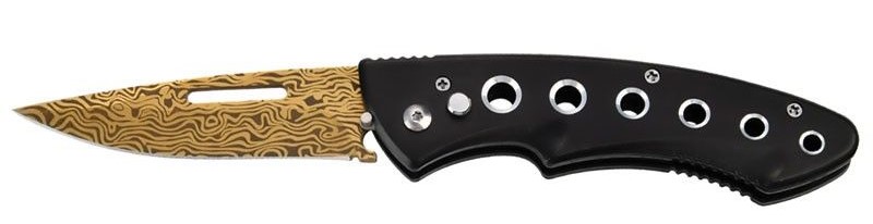 8'' Black Automatic Knife GOLD Damascus Etch Switchblade