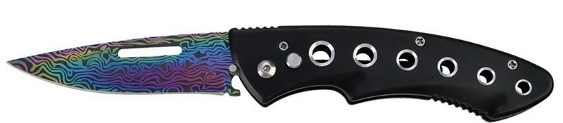 8'' Black Automatic Knife Rainbow Damascus Etch SWITCHBLADE