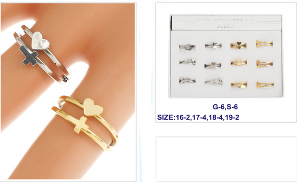 Wholesale Heart Cross Design Goden Silver Double Ring