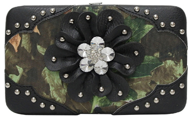 Wholesale Rhinestone Flower Design Camo Print Black WALLETs