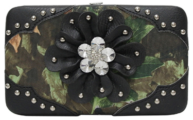 Wholesale Rhinestone Flower Design Camo Print Black Wallets