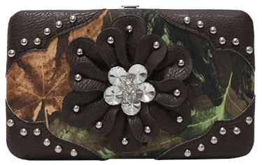 Wholesale Rhinestone Flower Design Camo Print Brown WALLETs