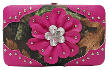 Wholesale Rhinestone FLOWER Design Camo Print Fuchsia Wallets