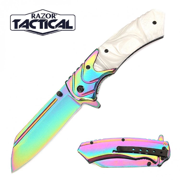 Titanium Blade Spring Assist knife W/ White Pearl Handle