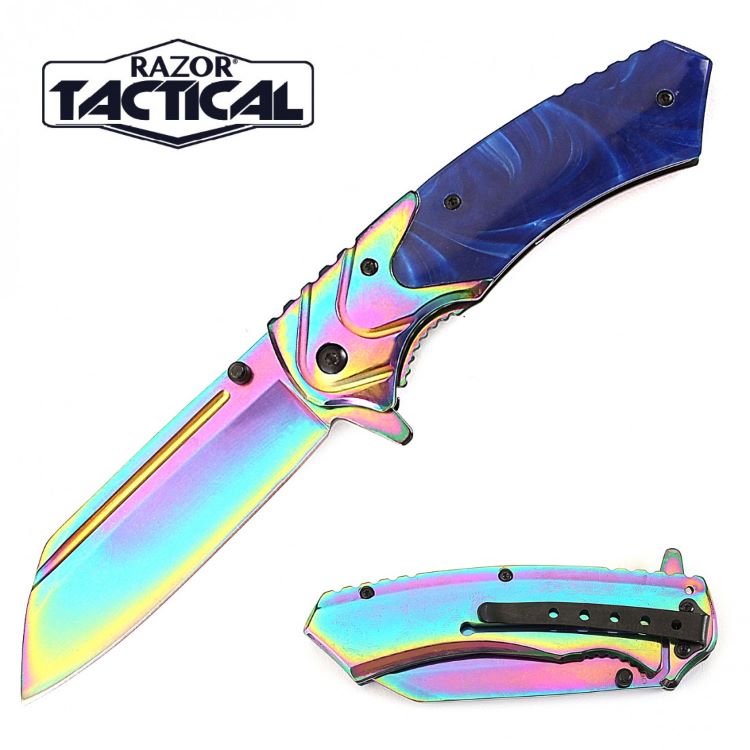 Titanium Blade Spring Assist knife W/ Blue Pearl Handle