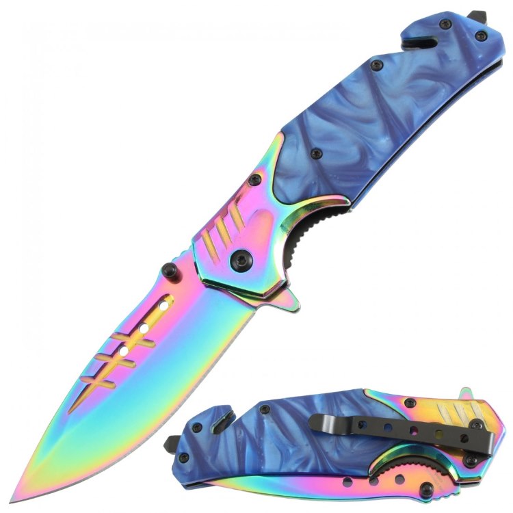 Assisted Knife Blue Acrylic Handle Titanium Blade