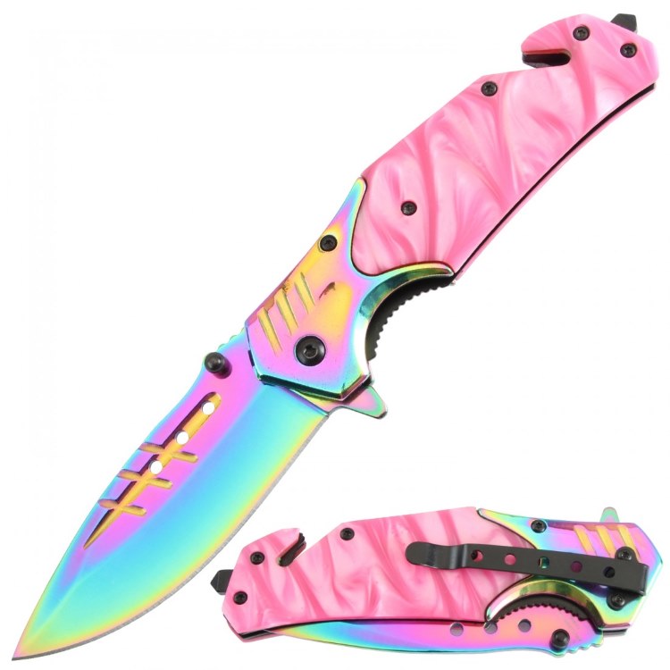 Assisted Knife Pink Acrylic Handle Titanium Blade