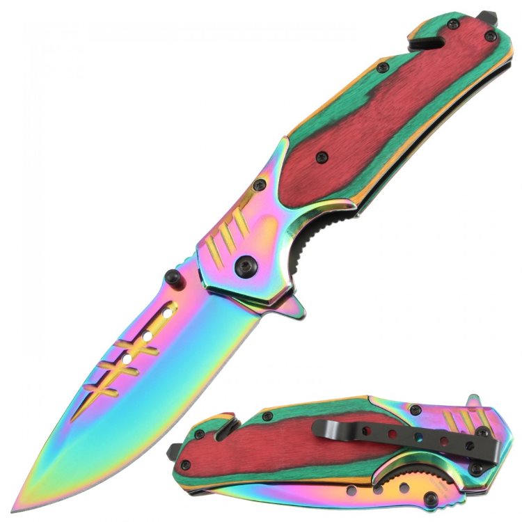 Assisted Knife Colorful Pakkawood Handle Titanium Blade