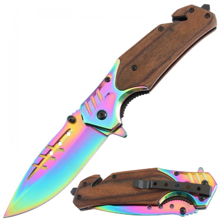 Assisted Knife Brown Pakkawood Handle Titanium Blade