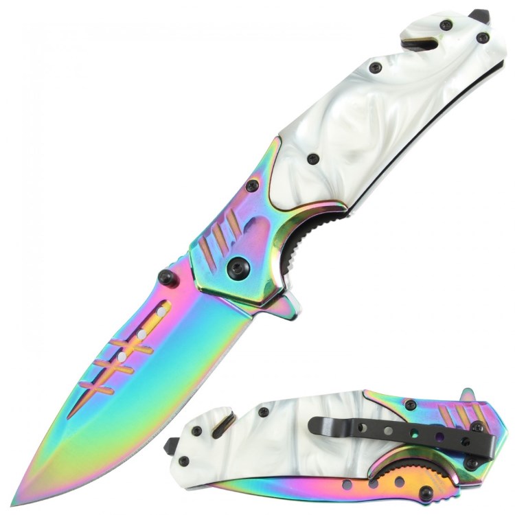 Assisted Knife White Acrylic Handle Titanium Blade
