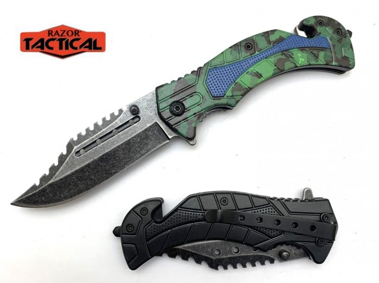 Green Camo Assist Knife ABS Handle