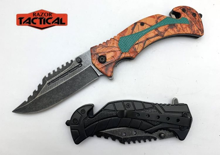 Orange Camo Assist Knife ABS Handle